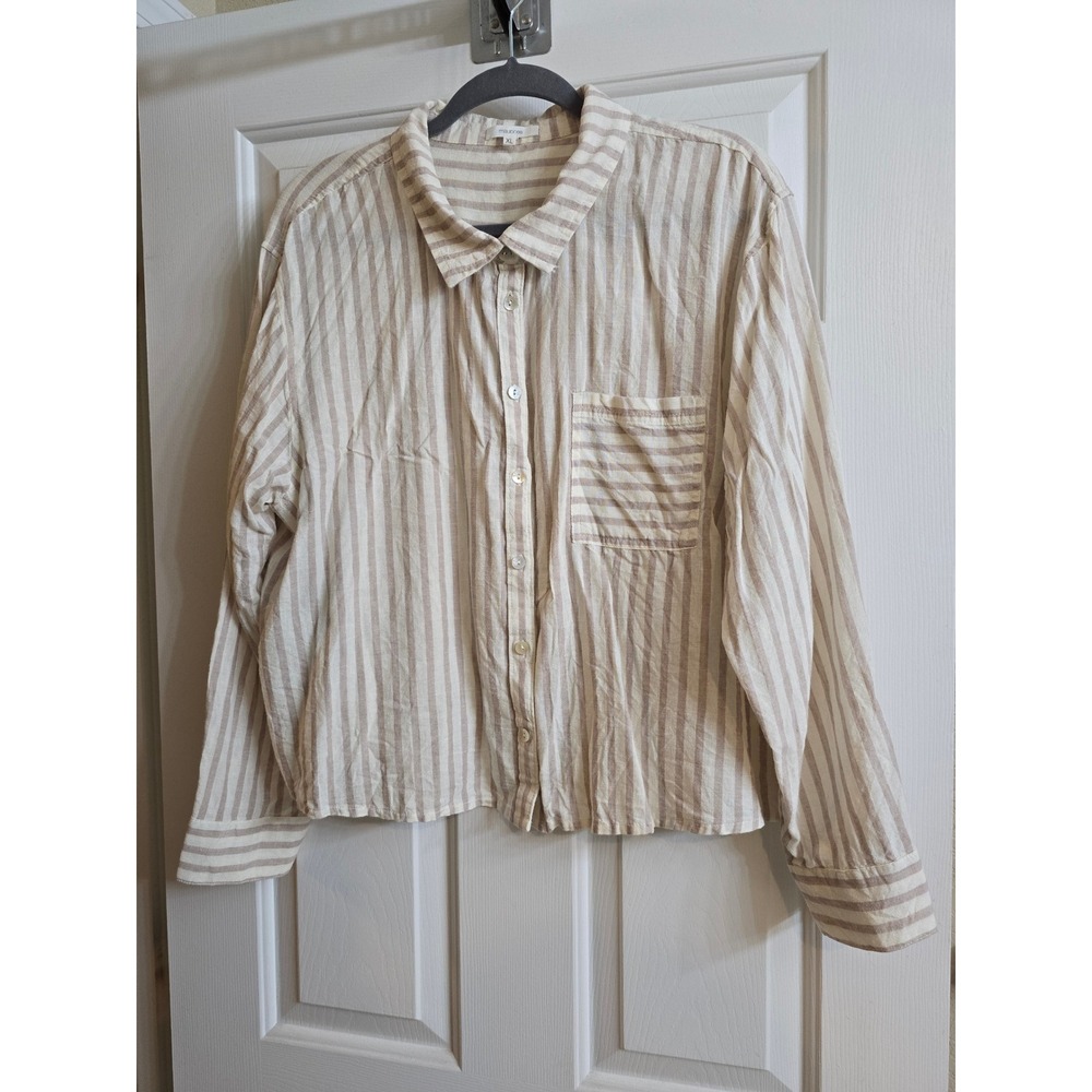 Maurices Womens XL Tan White Striped Linen Blend Button Down Shirt 2505720